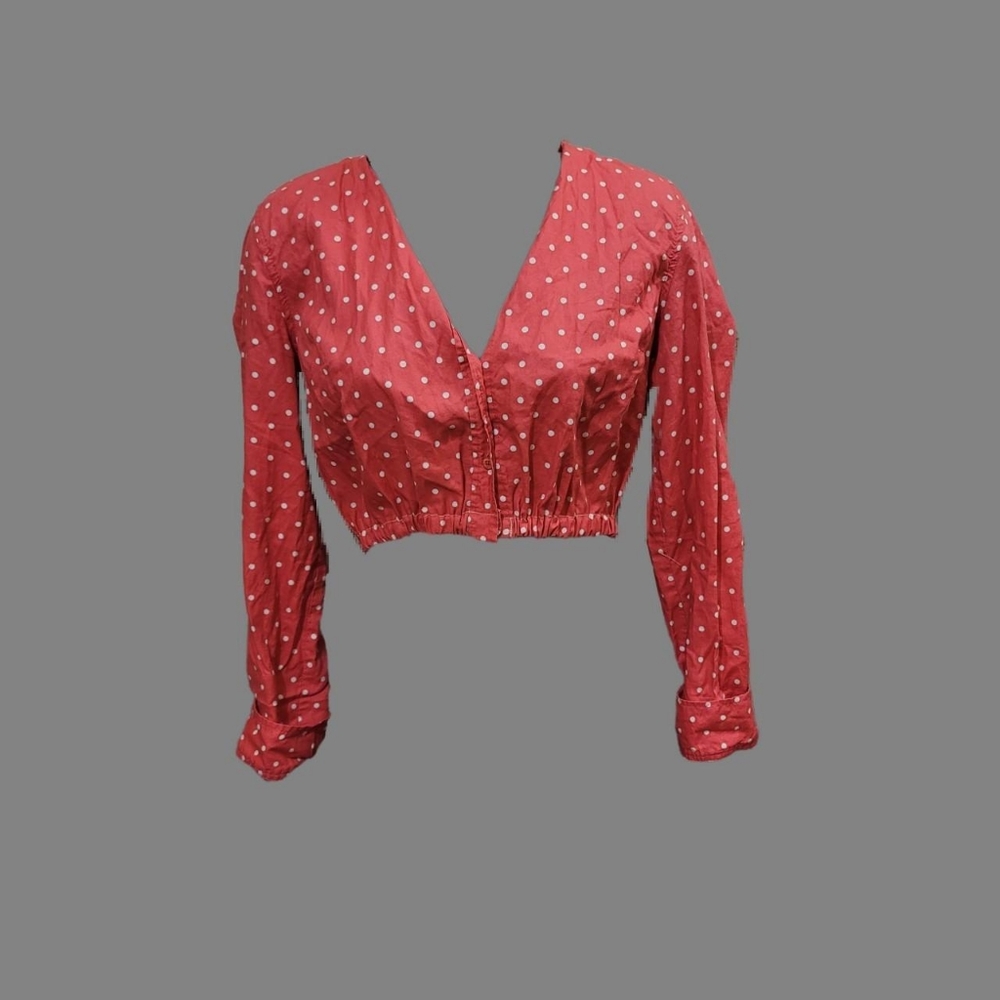 Reworked Coquette Red x White Polka Dot Cropped Button Up